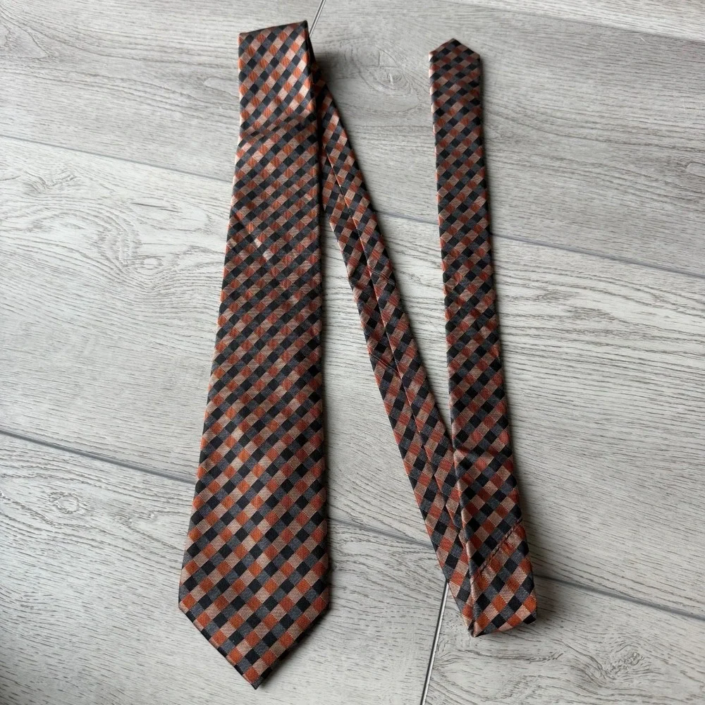 Countess Mara Silk Tie Picnic Plaid Handmade | Brown Black Orange | 57